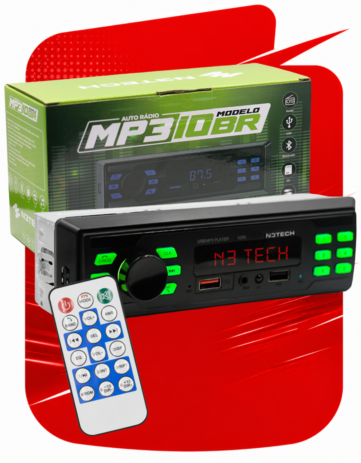 Som Automotivo N3Tech 1 Din Bluetooth USB MP3 Player FM 30W Rádio Carro ...